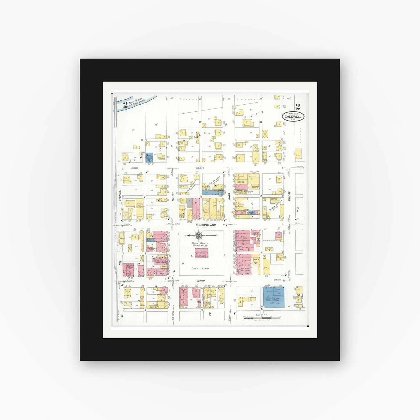 Old map wall art mockup — black gallery frame with white mat — Sanborn Fire Insurance Map from Caldwell, Noble County, Ohio (1923), Sheet #0002