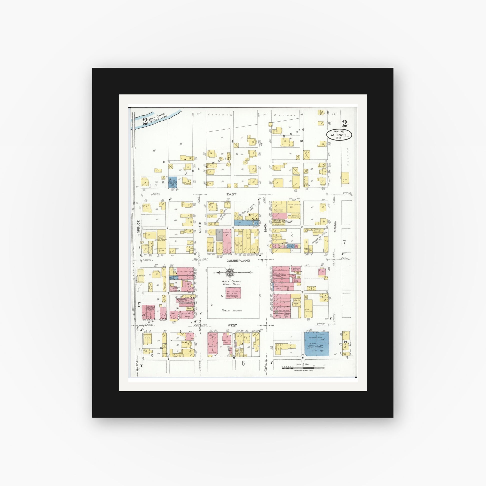 Old map wall art mockup — black gallery frame with white mat — Sanborn Fire Insurance Map from Caldwell, Noble County, Ohio (1923), Sheet #0002