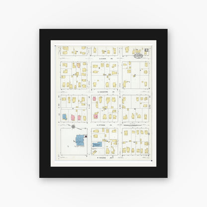 Old map wall art mockup — black gallery frame with white mat — Sanborn Fire Insurance Map from Dixon, Lee County, Illinois (1918), Sheet #0012