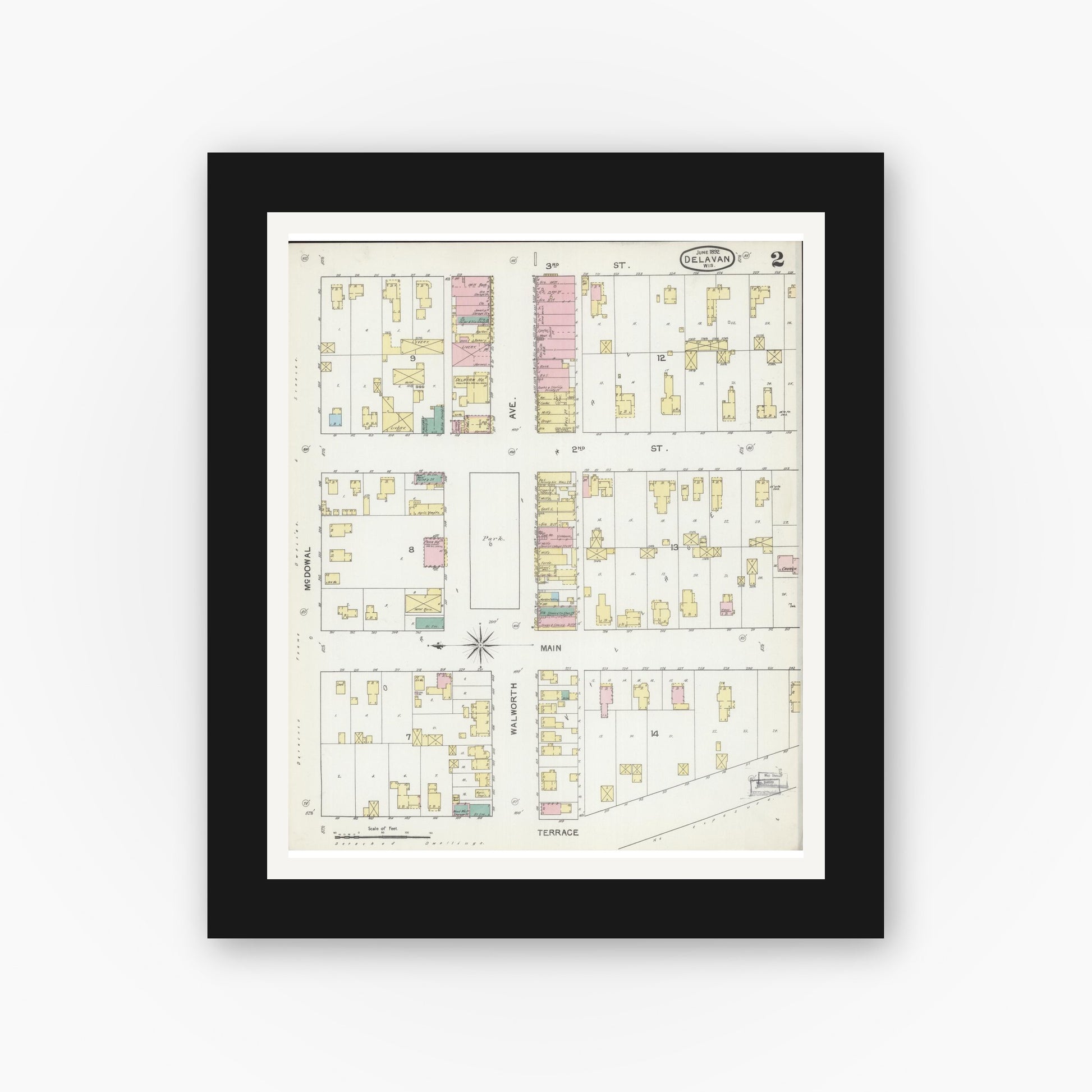Old map wall art mockup — black gallery frame with white mat — Sanborn Fire Insurance Map from Delavan, Walworth County, Wisconsin (1892), Sheet #0002