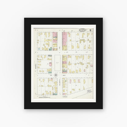 Old map wall art mockup — black gallery frame with white mat — Sanborn Fire Insurance Map from Delavan, Walworth County, Wisconsin (1892), Sheet #0002