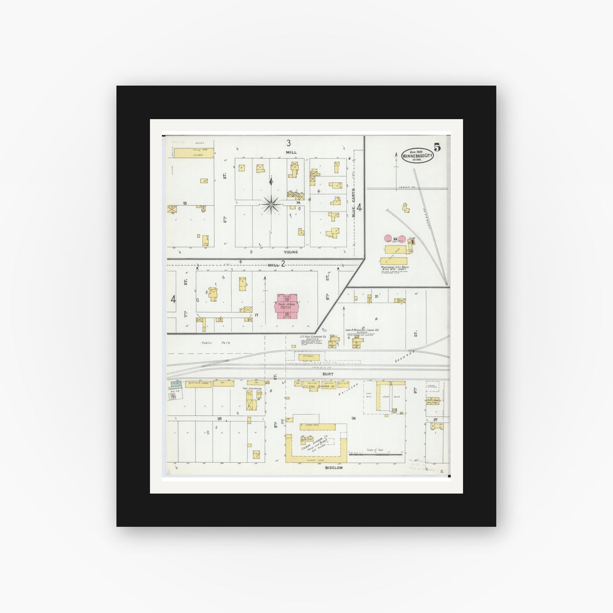 Old map wall art mockup — black gallery frame with white mat — Sanborn Fire Insurance Map from Winnebago, Faribault County, Minnesota (1905), Sheet #0005