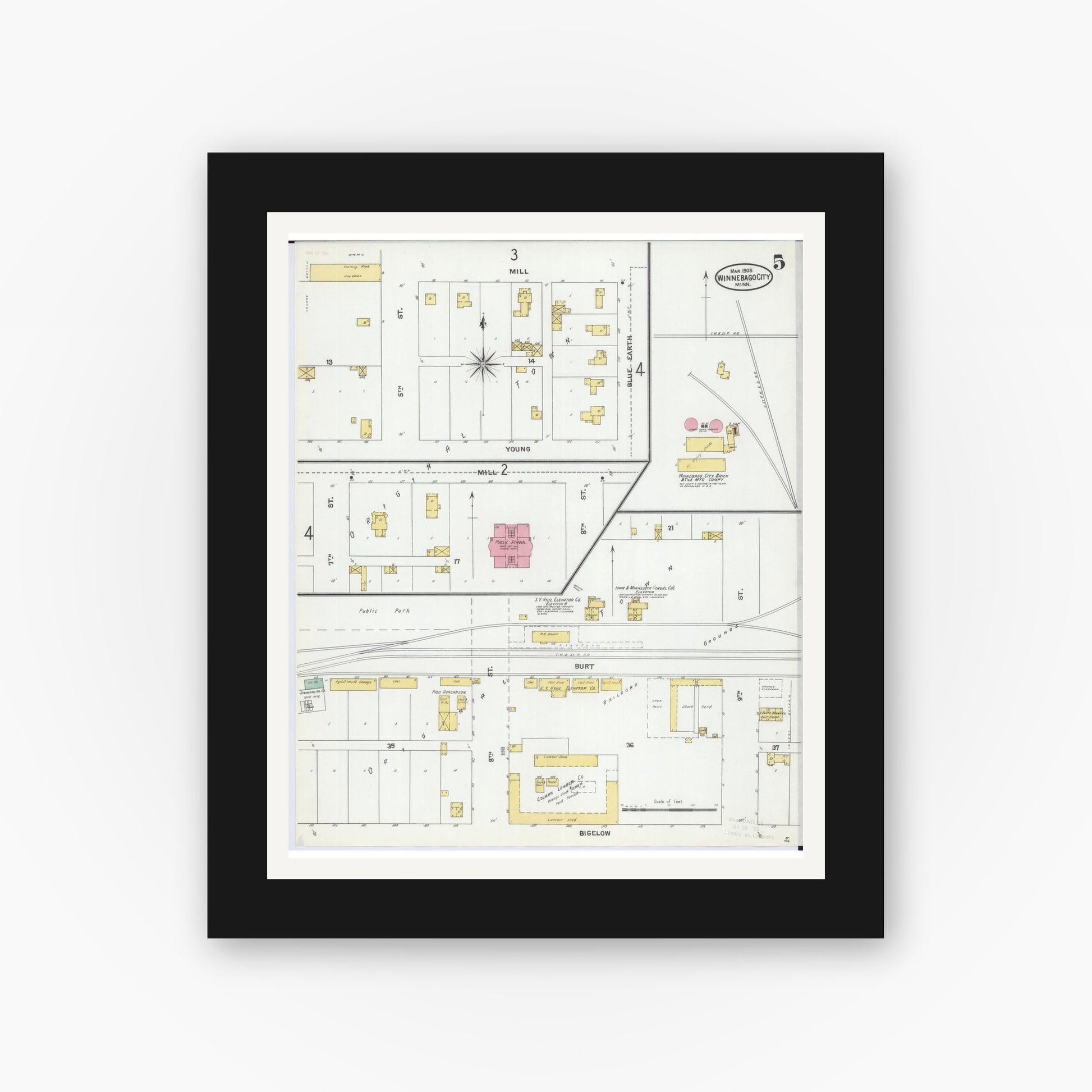 Old map wall art mockup — black gallery frame with white mat — Sanborn Fire Insurance Map from Winnebago, Faribault County, Minnesota (1905), Sheet #0005