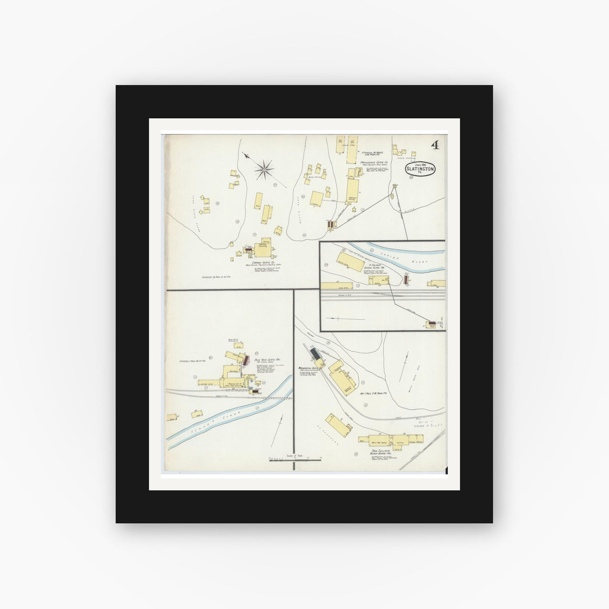 Old map wall art mockup — black gallery frame with white mat — Sanborn Fire Insurance Map from Slatington, Lehigh County, Pennsylvania (1896), Sheet #0004