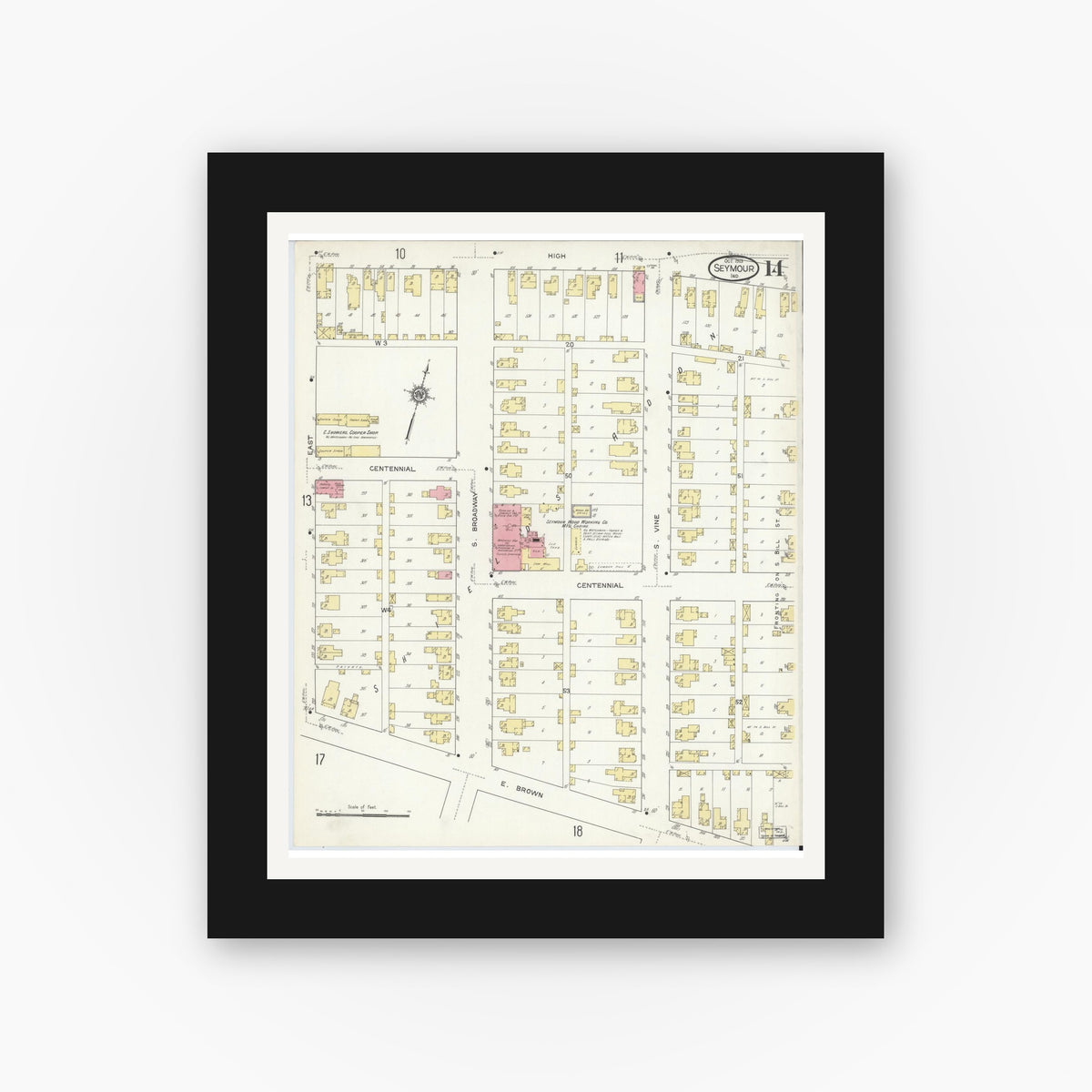 Old map wall art mockup — black gallery frame with white mat — Sanborn Fire Insurance Map from Seymour, Jackson County, Indiana (1913), Sheet #0014