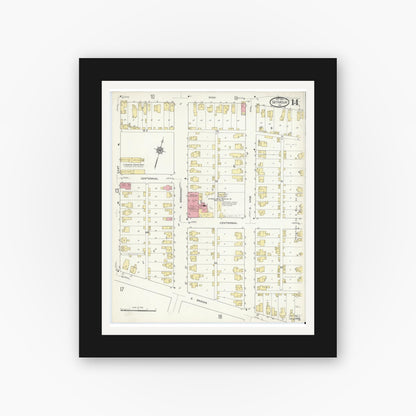Old map wall art mockup — black gallery frame with white mat — Sanborn Fire Insurance Map from Seymour, Jackson County, Indiana (1913), Sheet #0014
