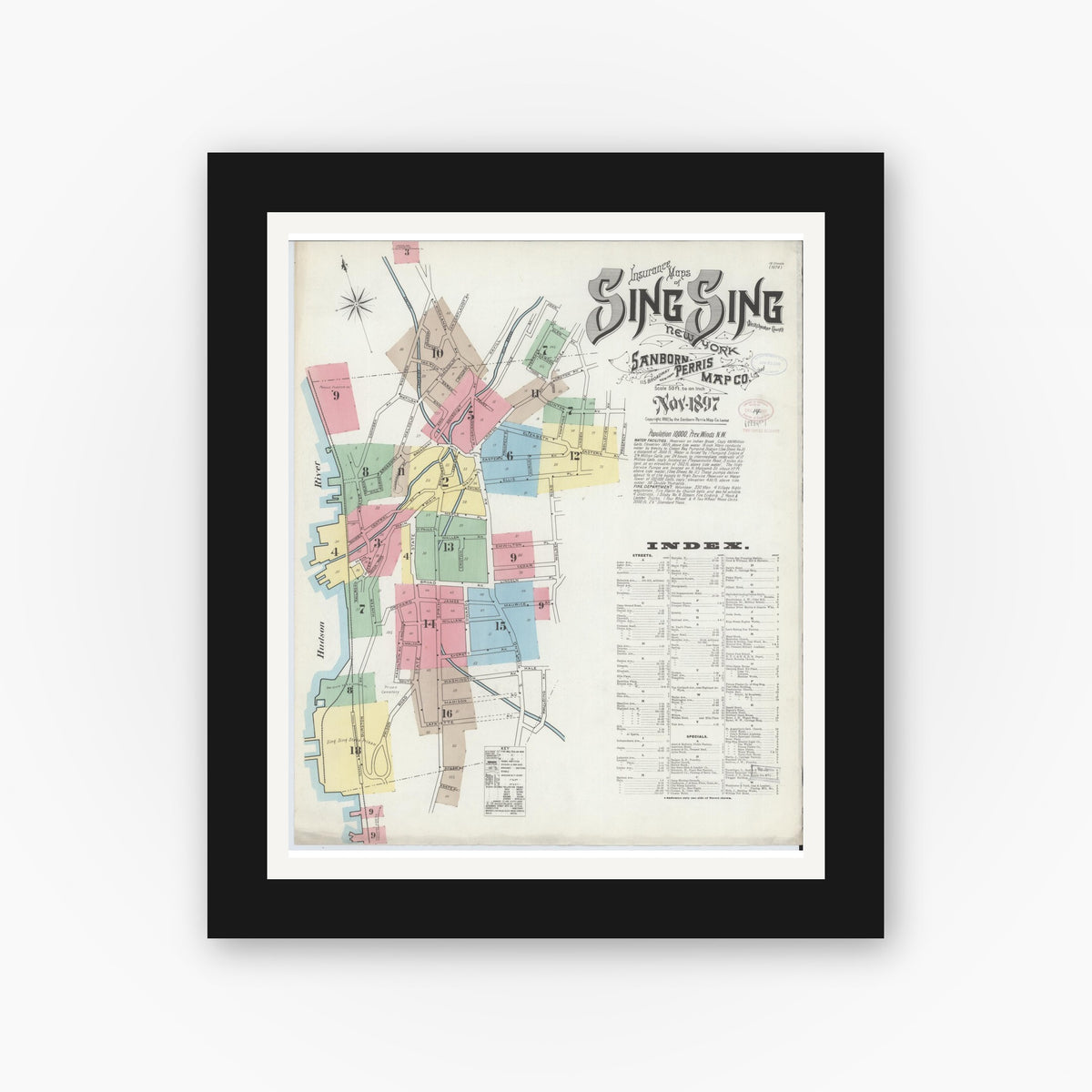 Old map wall art mockup — black gallery frame with white mat — Sanborn Fire Insurance Map from Sing Sing, Westchester County, New York (1897), Sheet #0001