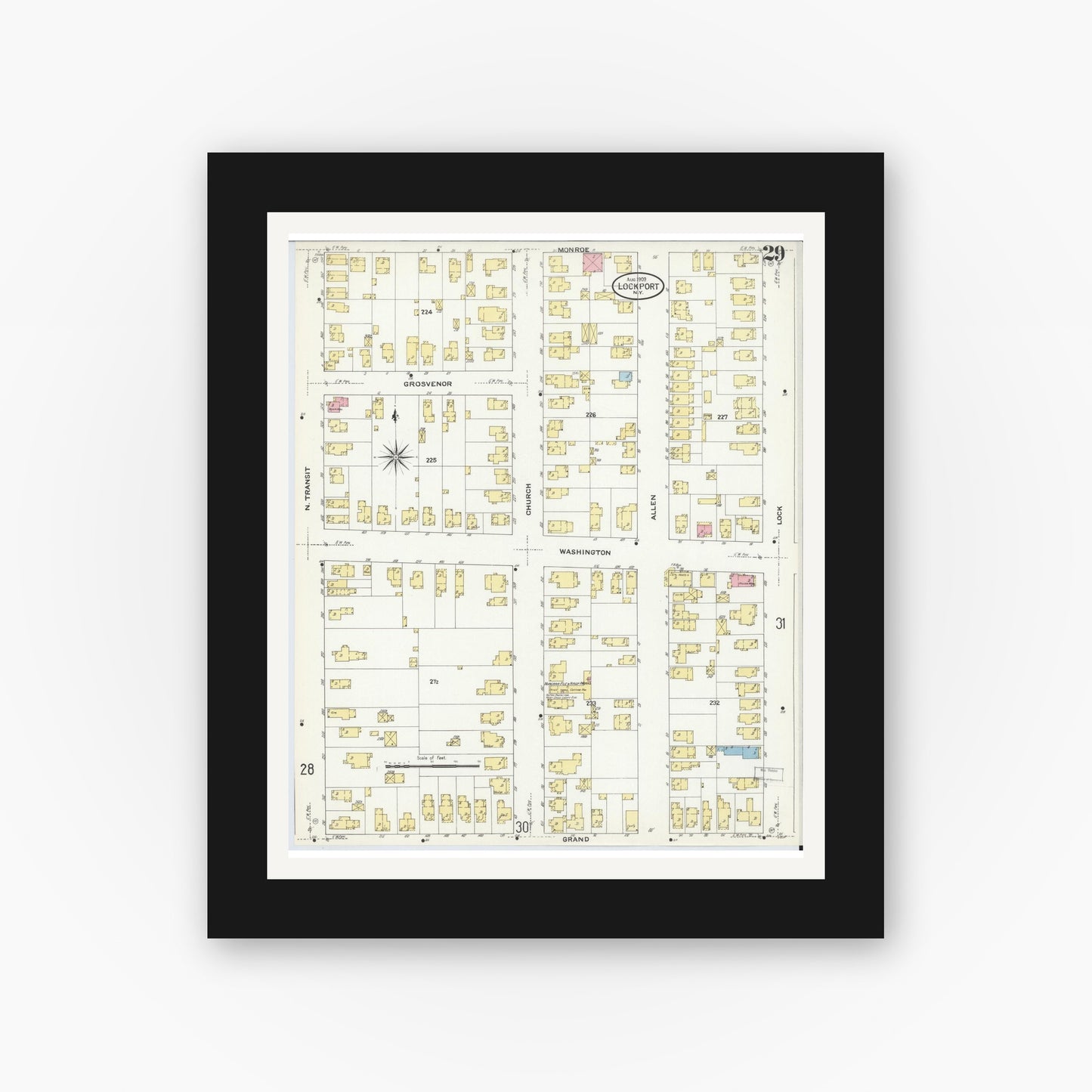 Old map wall art mockup — black gallery frame with white mat — Sanborn Fire Insurance Map from Lockport, Niagara County, New York (1909), Sheet #0029