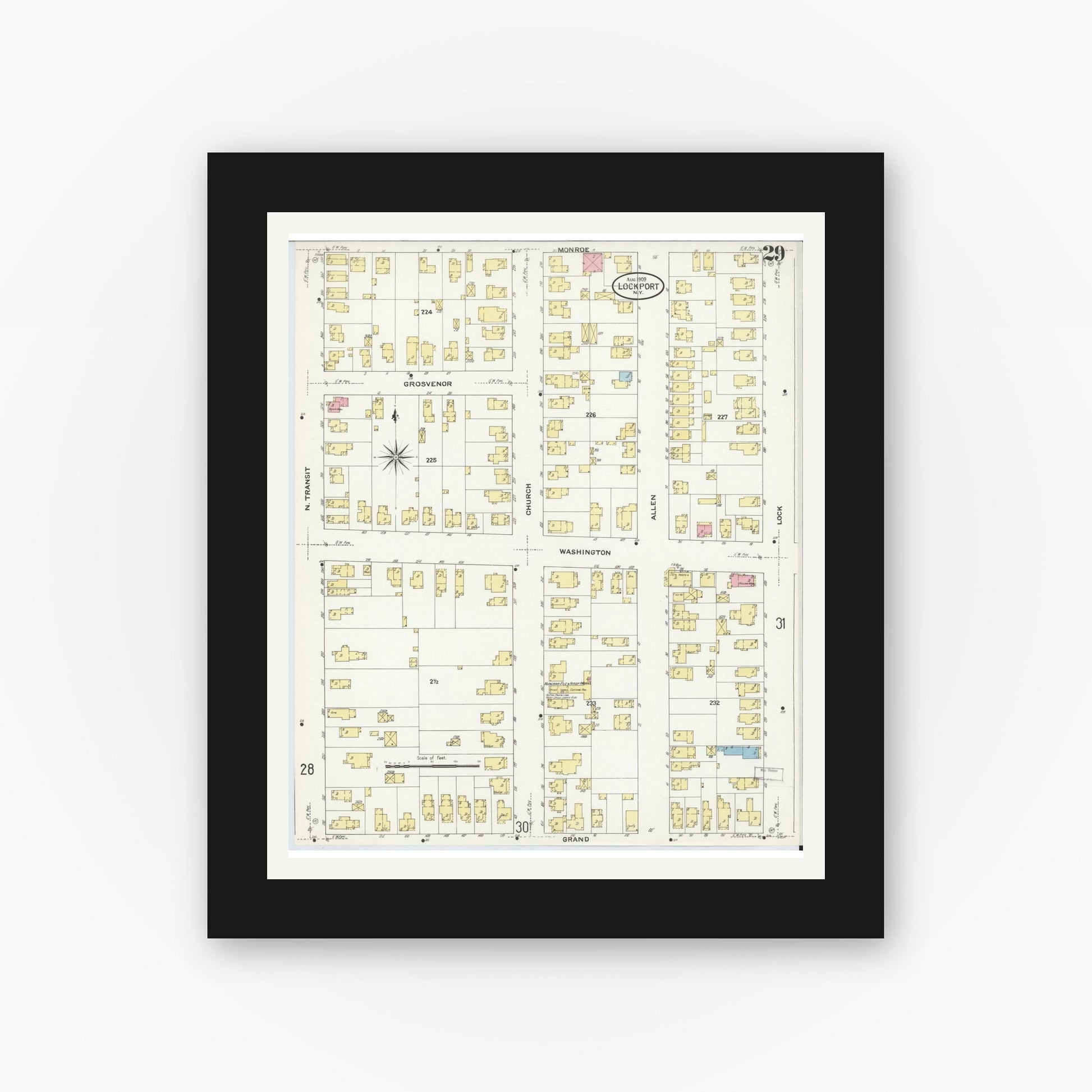 Old map wall art mockup — black gallery frame with white mat — Sanborn Fire Insurance Map from Lockport, Niagara County, New York (1909), Sheet #0029
