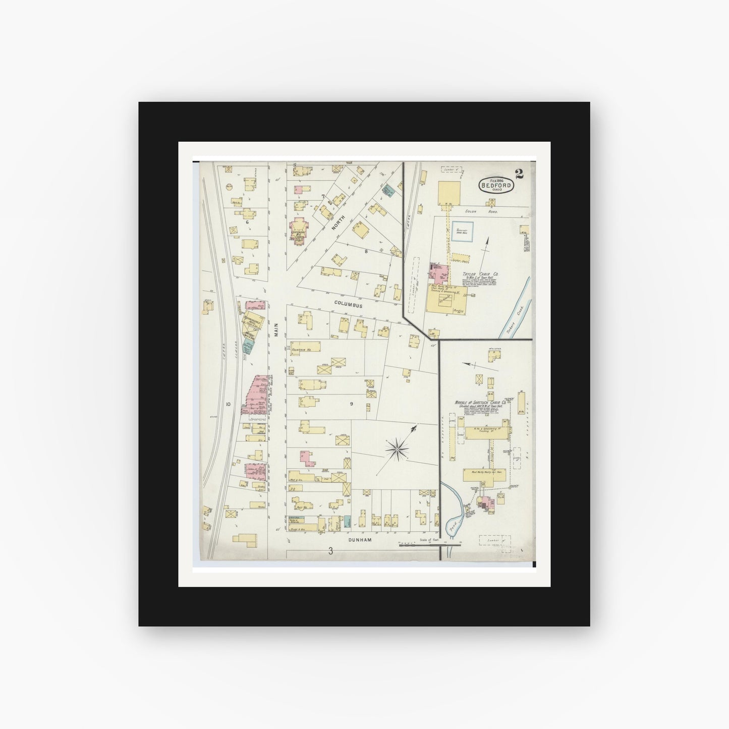 Old map wall art mockup — black gallery frame with white mat — Sanborn Fire Insurance Map from Bedford, Cuyahoga County, Ohio (1896), Sheet #0002