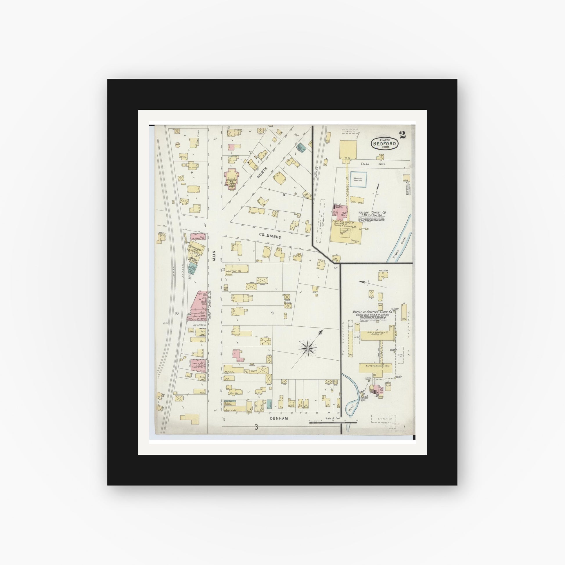 Old map wall art mockup — black gallery frame with white mat — Sanborn Fire Insurance Map from Bedford, Cuyahoga County, Ohio (1896), Sheet #0002
