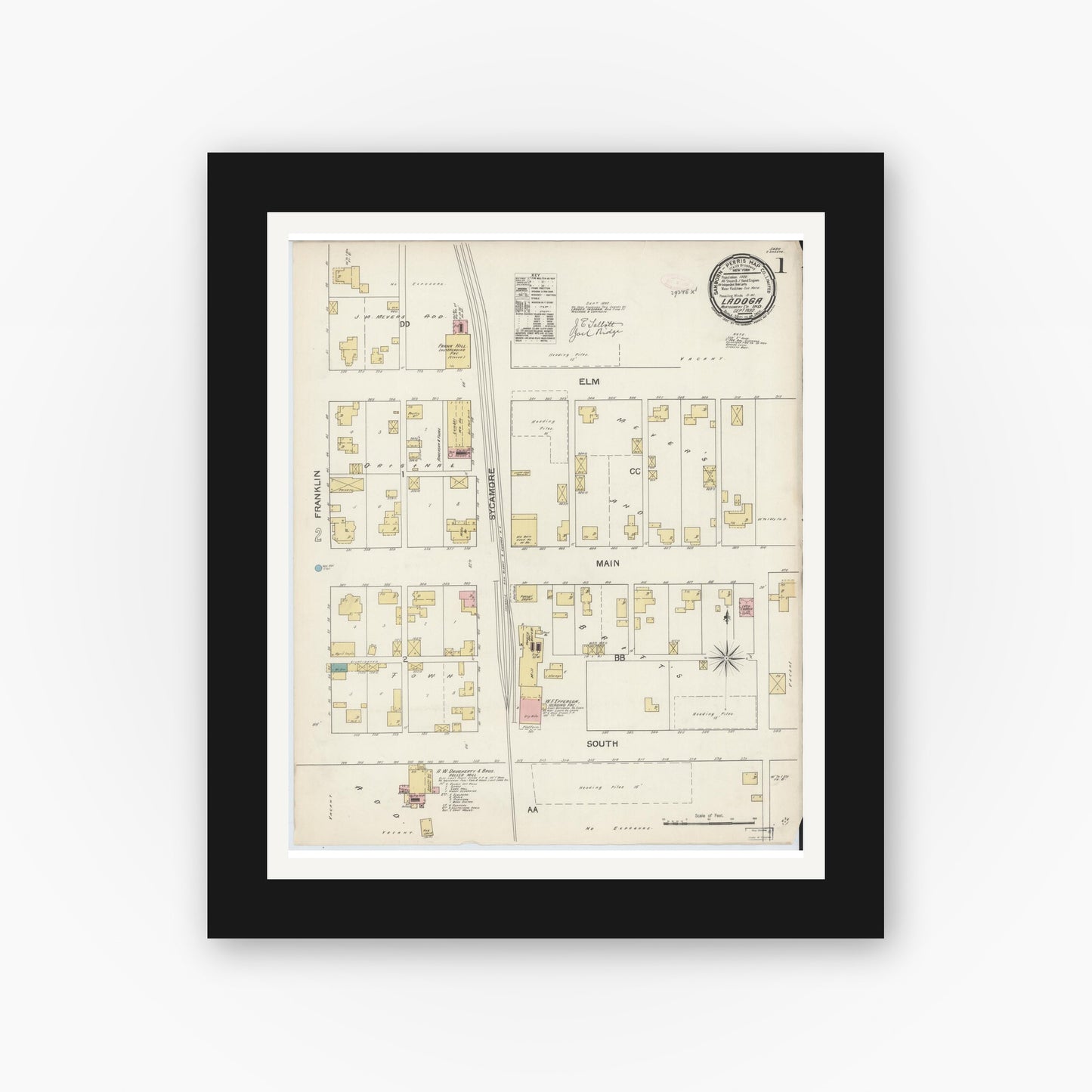 Old map wall art mockup — black gallery frame with white mat — Sanborn Fire Insurance Map from Ladoga, Montgomery County, Indiana (1892) - Complete Map Set