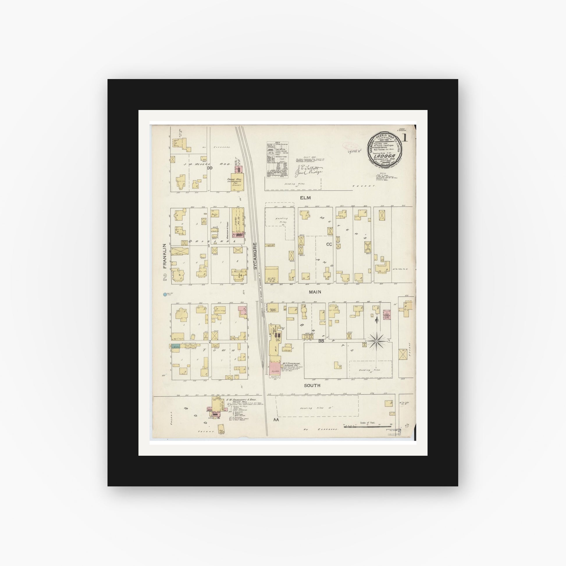 Old map wall art mockup — black gallery frame with white mat — Sanborn Fire Insurance Map from Ladoga, Montgomery County, Indiana (1892) - Complete Map Set