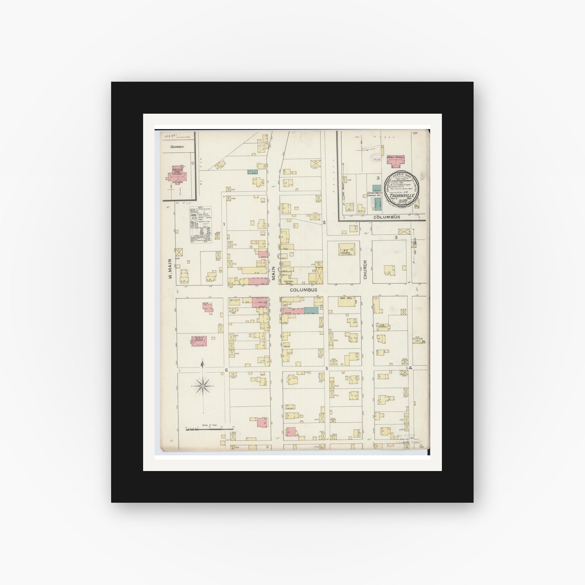 Old map wall art mockup — black gallery frame with white mat — Sanborn Fire Insurance Map from Thornville, Perry County, Ohio (1893), Sheet #0001