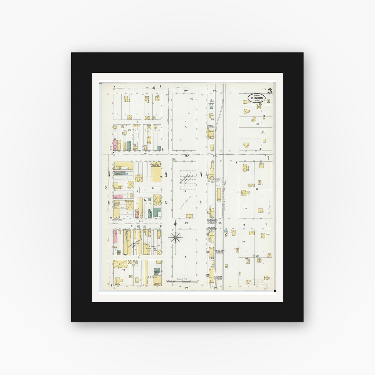Old map wall art mockup — black gallery frame with white mat — Sanborn Fire Insurance Map from Windom, Cottonwood County, Minnesota (1900), Sheet #0003