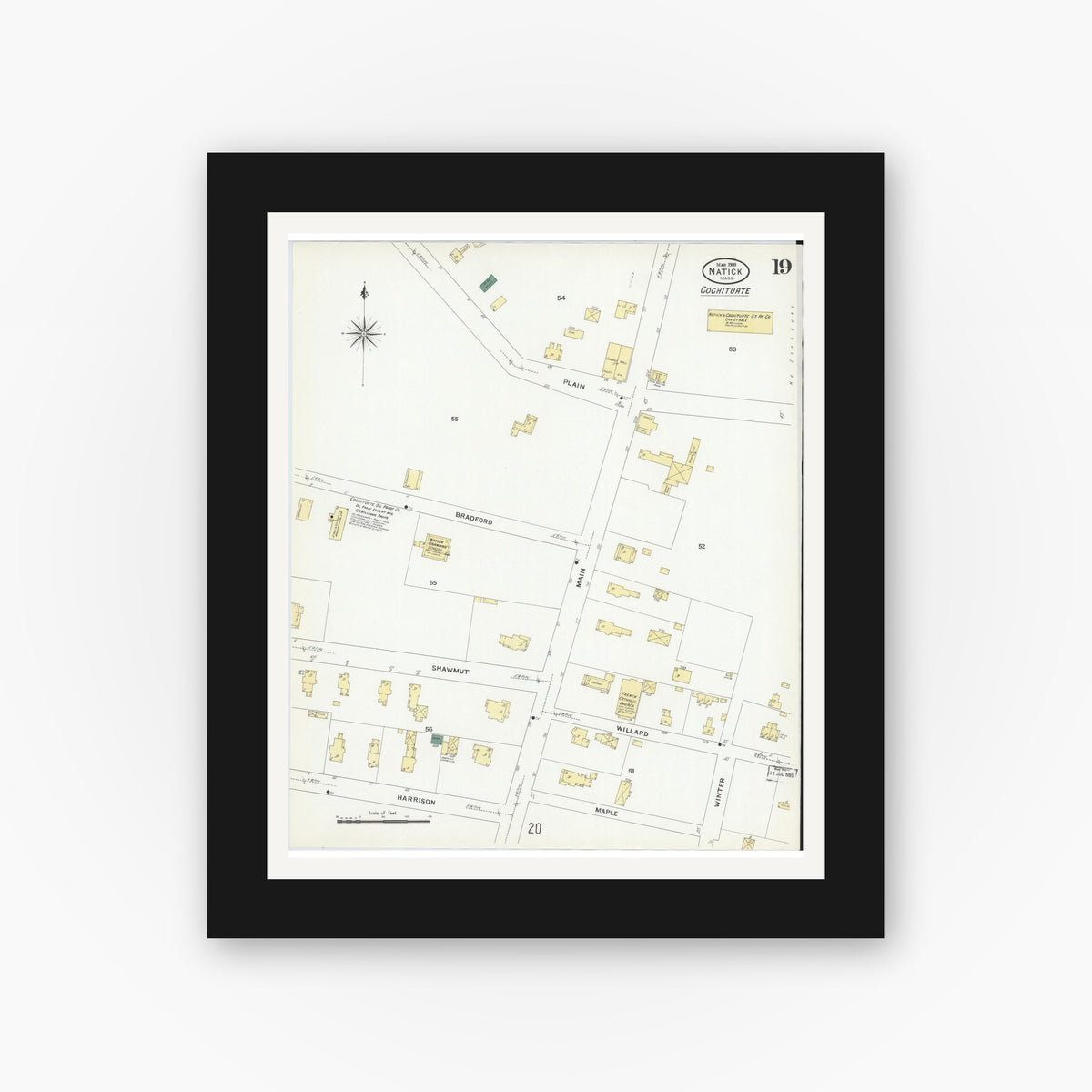 Old map wall art mockup — black gallery frame with white mat — Sanborn Fire Insurance Map from Natick, Middlesex County, Massachusetts (1909), Sheet #0019