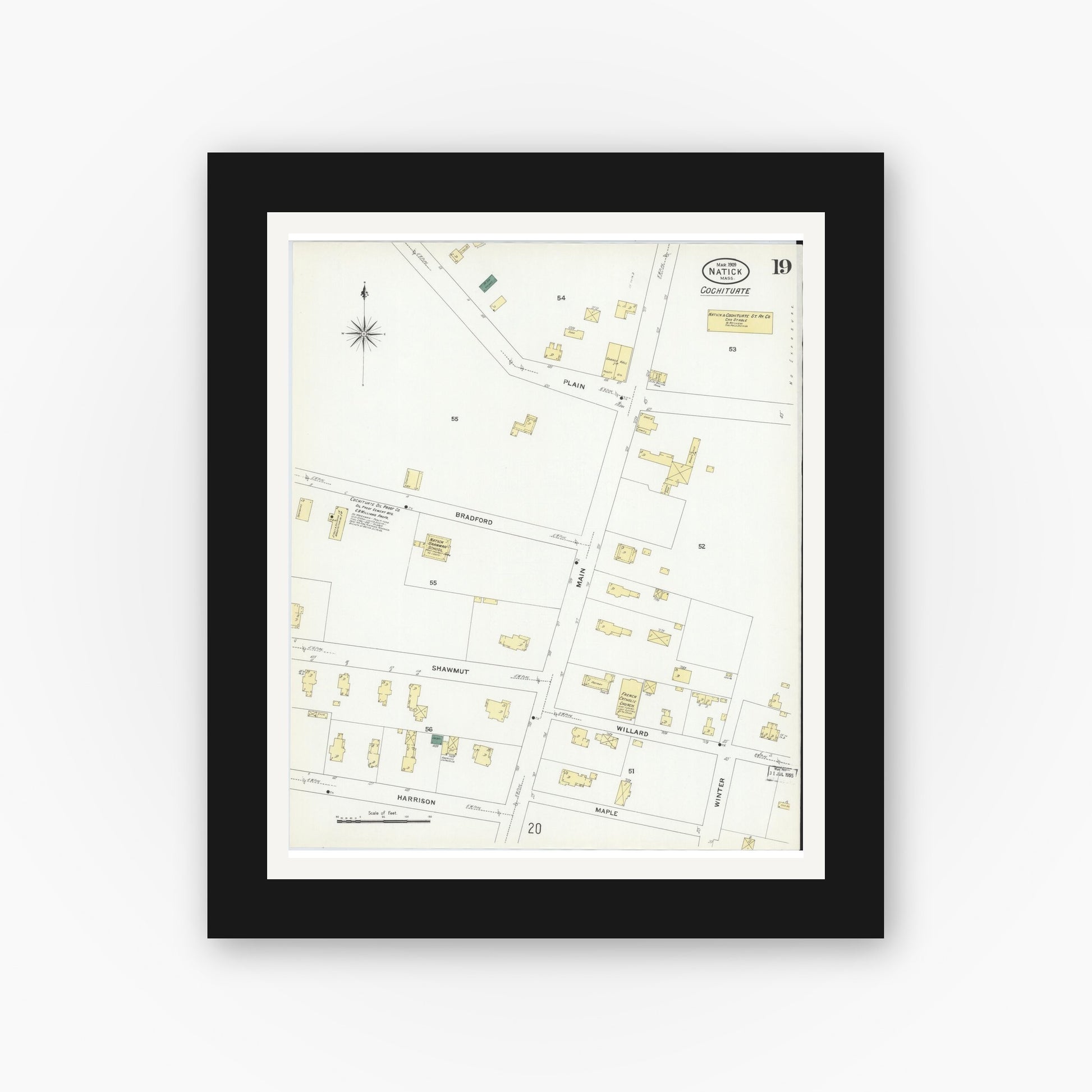 Old map wall art mockup — black gallery frame with white mat — Sanborn Fire Insurance Map from Natick, Middlesex County, Massachusetts (1909), Sheet #0019