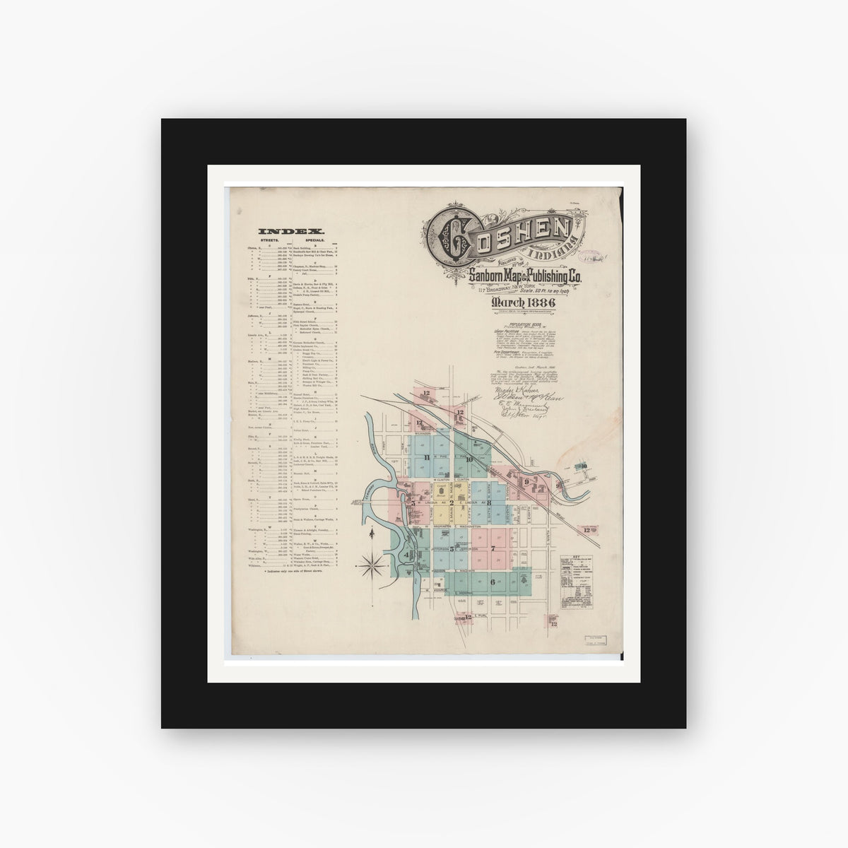Old map wall art mockup — black gallery frame with white mat — Sanborn Fire Insurance Map from Goshen, Elkhart County, Indiana (1886) - Complete Map Set