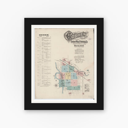 Old map wall art mockup — black gallery frame with white mat — Sanborn Fire Insurance Map from Goshen, Elkhart County, Indiana (1886) - Complete Map Set