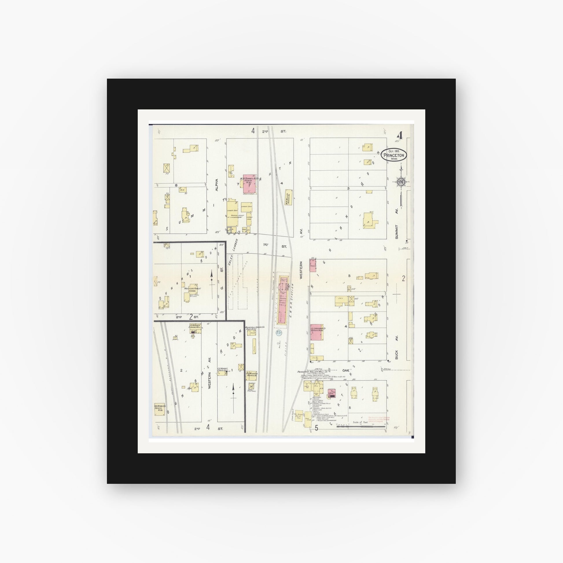 Old map wall art mockup — black gallery frame with white mat — Sanborn Fire Insurance Map from Princeton, Mille Lacs County, Minnesota (1912), Sheet #0004