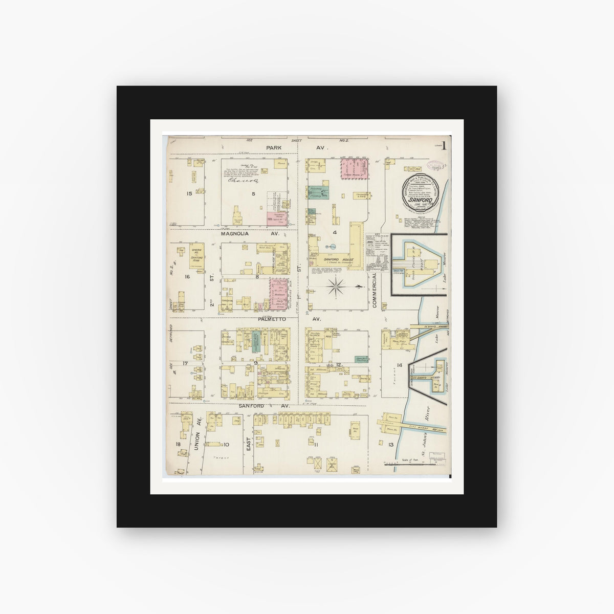 Old map wall art mockup — black gallery frame with white mat — Sanborn Fire Insurance Map from Sanford, Seminole County, Florida (1887) - Complete Map Set