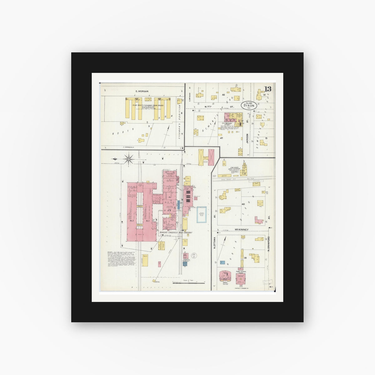 Old map wall art mockup — black gallery frame with white mat — Sanborn Fire Insurance Map from Dixon, Lee County, Illinois (1902), Sheet #0013