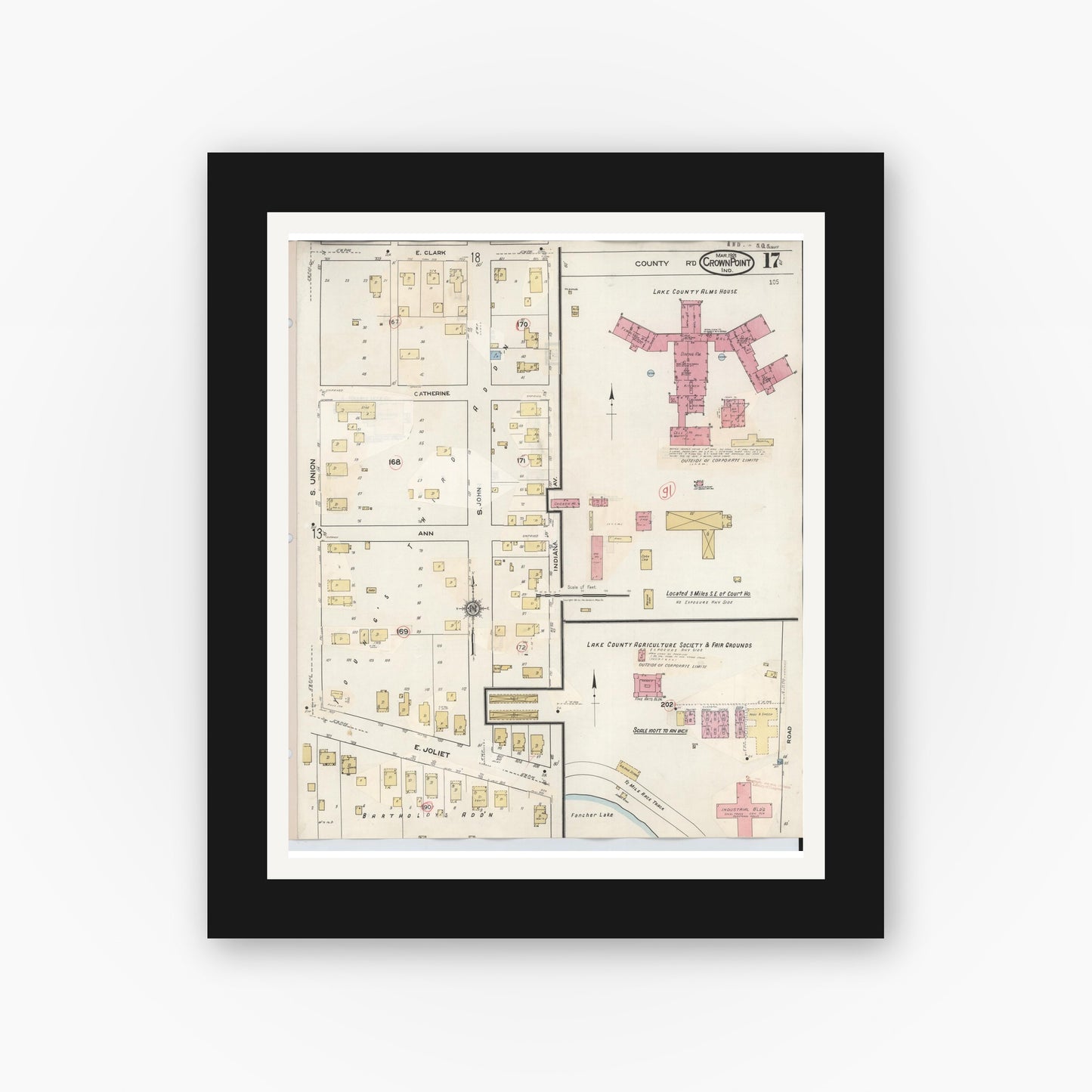 Old map wall art mockup — black gallery frame with white mat — Sanborn Fire Insurance Map from Crown Point, Lake County, Indiana (1948), Sheet #0017