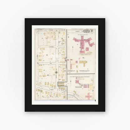 Old map wall art mockup — black gallery frame with white mat — Sanborn Fire Insurance Map from Crown Point, Lake County, Indiana (1948), Sheet #0017