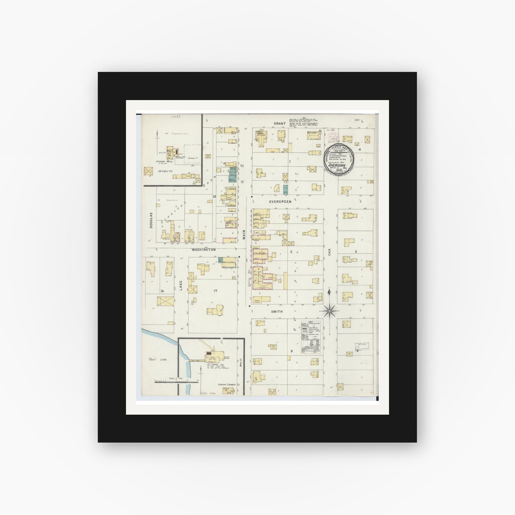 Old map wall art mockup — black gallery frame with white mat — Sanborn Fire Insurance Map from Sheridan, Montcalm County, Michigan (1896), Sheet #0001