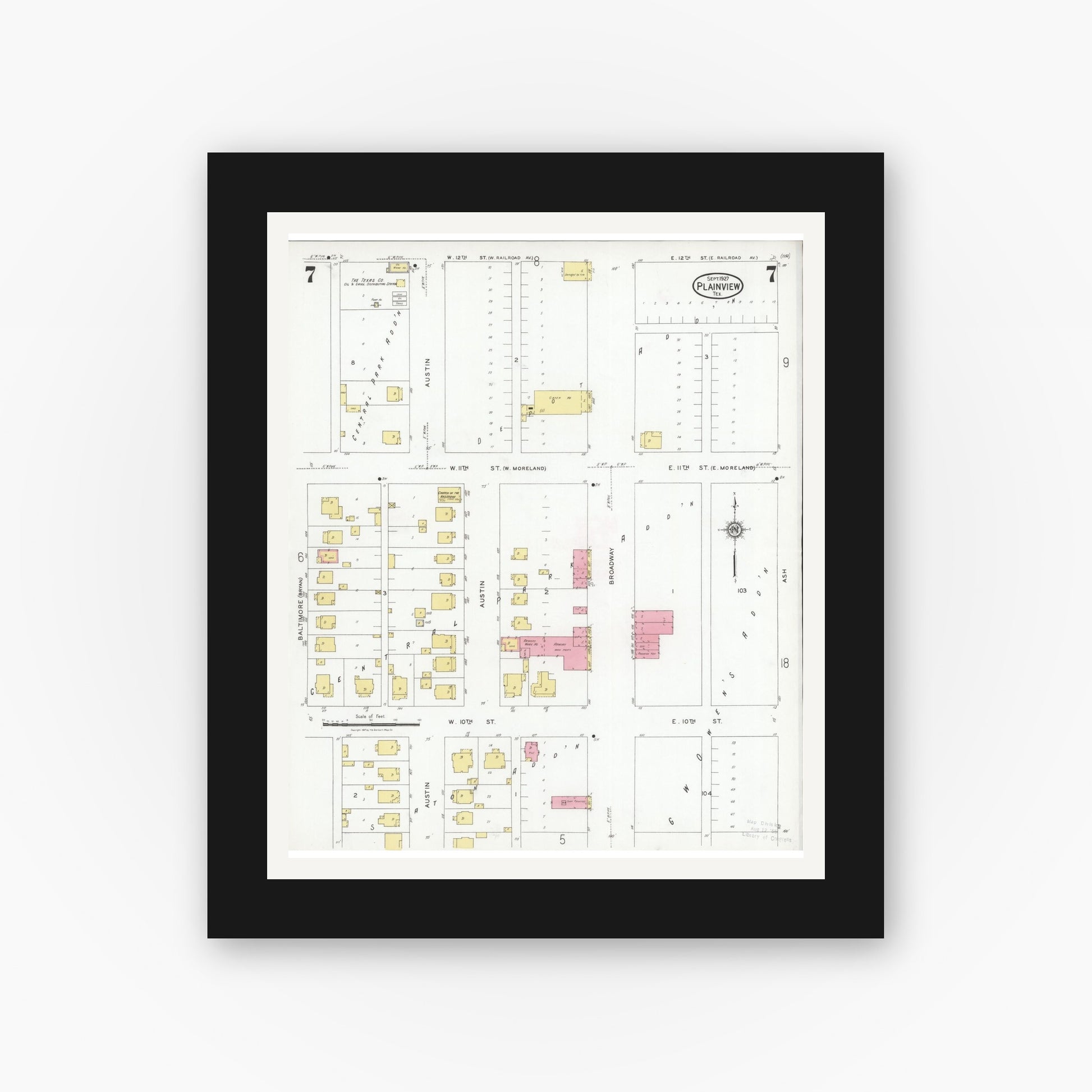 Old map wall art mockup — black gallery frame with white mat — Sanborn Fire Insurance Map from Plainview, Hale County, Texas (1927), Sheet #0007