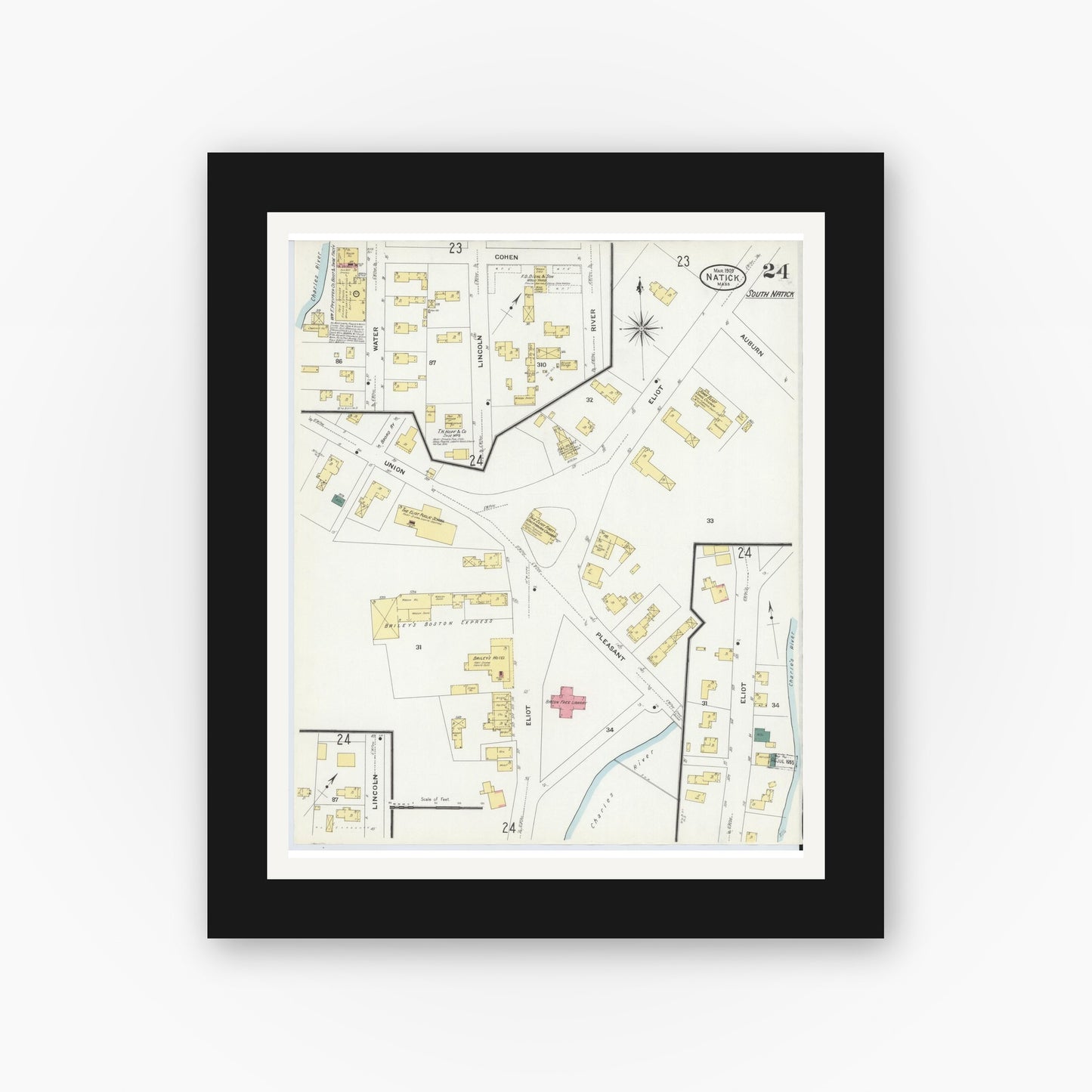 Old map wall art mockup — black gallery frame with white mat — Sanborn Fire Insurance Map from Natick, Middlesex County, Massachusetts (1909), Sheet #0024