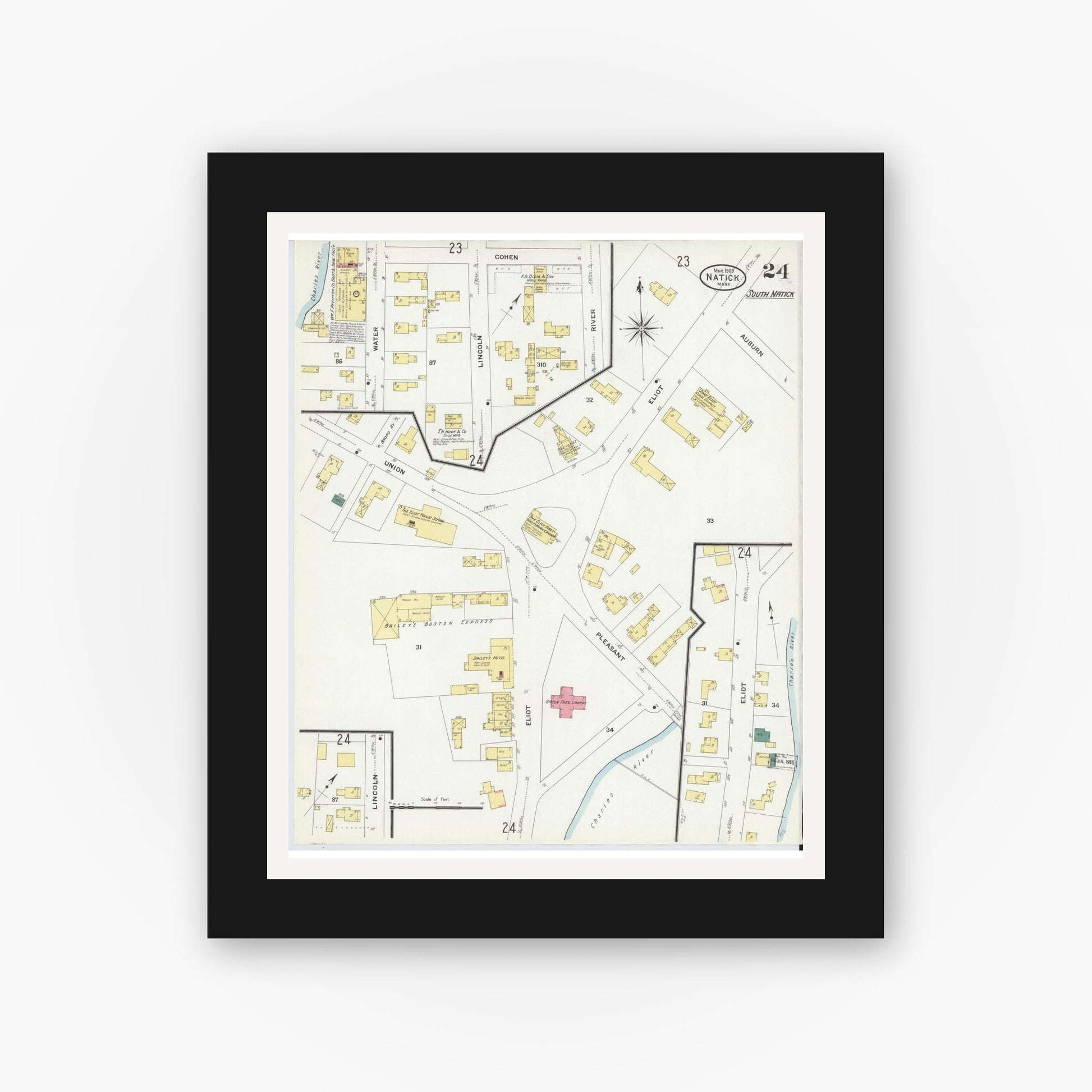 Old map wall art mockup — black gallery frame with white mat — Sanborn Fire Insurance Map from Natick, Middlesex County, Massachusetts (1909), Sheet #0024
