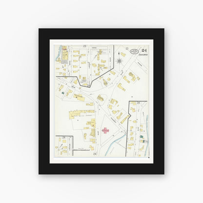 Old map wall art mockup — black gallery frame with white mat — Sanborn Fire Insurance Map from Natick, Middlesex County, Massachusetts (1909), Sheet #0024