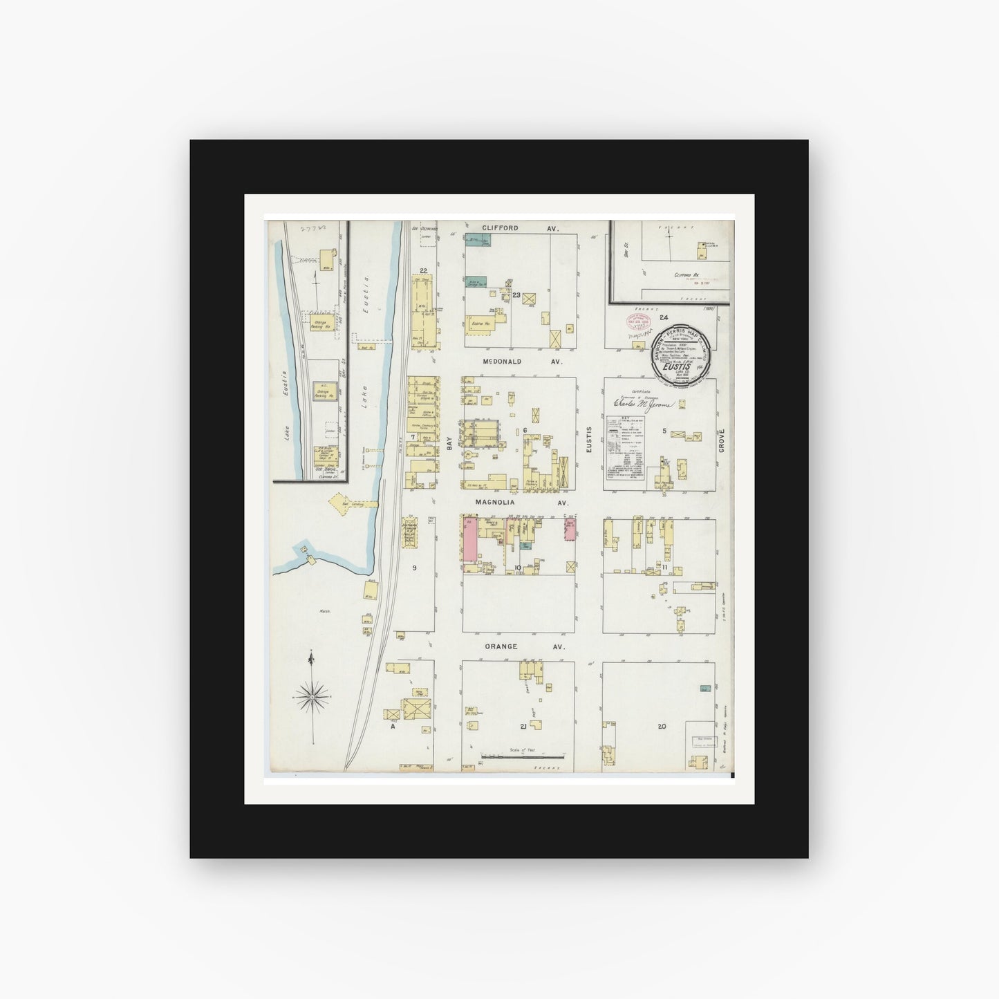 Old map wall art mockup — black gallery frame with white mat — Sanborn Fire Insurance Map from Eustis, Lake County, Florida (1895), Sheet #0001