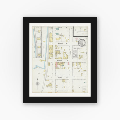 Old map wall art mockup — black gallery frame with white mat — Sanborn Fire Insurance Map from Eustis, Lake County, Florida (1895), Sheet #0001