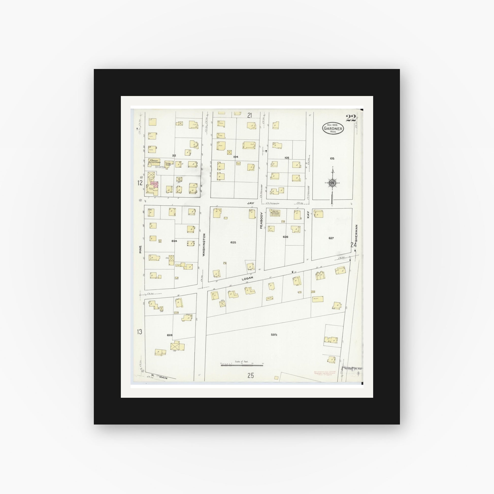 Old map wall art mockup — black gallery frame with white mat — Sanborn Fire Insurance Map from Gardner, Worcester County, Massachusetts (1909), Sheet #0022