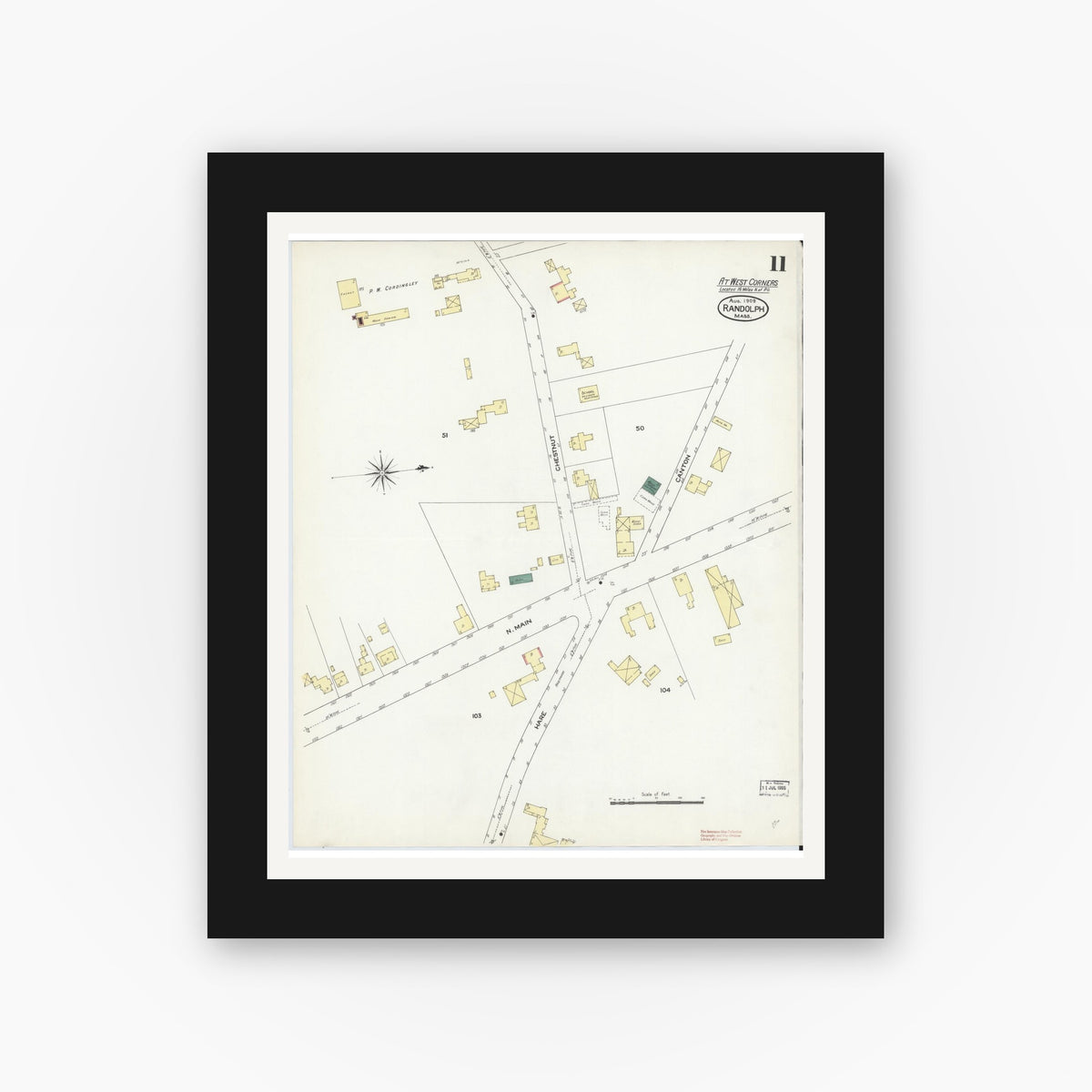 Old map wall art mockup — black gallery frame with white mat — Sanborn Fire Insurance Map from Randolph, Norfolk County, Massachusetts (1909), Sheet #0011