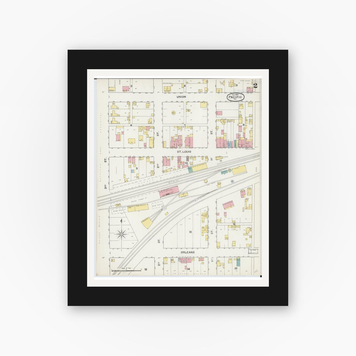 Old map wall art mockup — black gallery frame with white mat — Sanborn Fire Insurance Map from Pacific, Franklin County, Missouri (1892), Sheet #0002