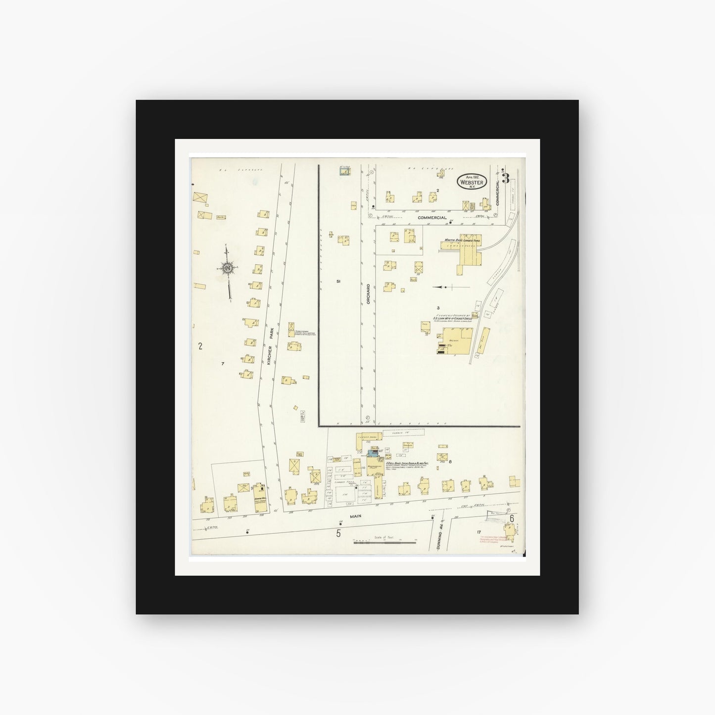 Old map wall art mockup — black gallery frame with white mat — Sanborn Fire Insurance Map from Webster, Monroe County, New York (1912), Sheet #0003