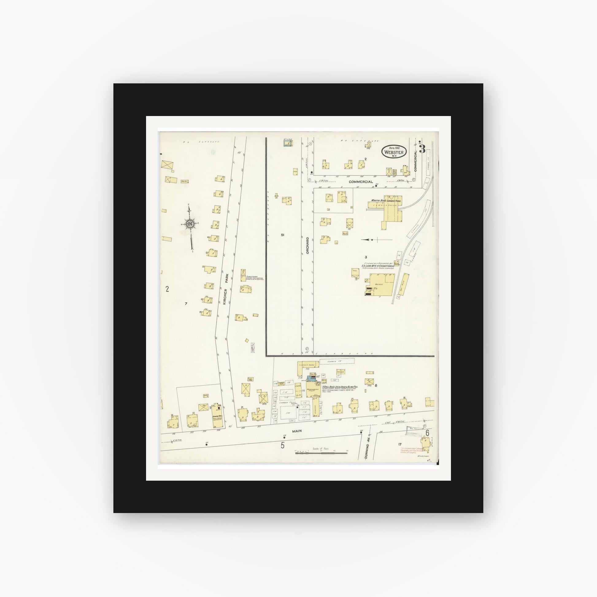 Old map wall art mockup — black gallery frame with white mat — Sanborn Fire Insurance Map from Webster, Monroe County, New York (1912), Sheet #0003