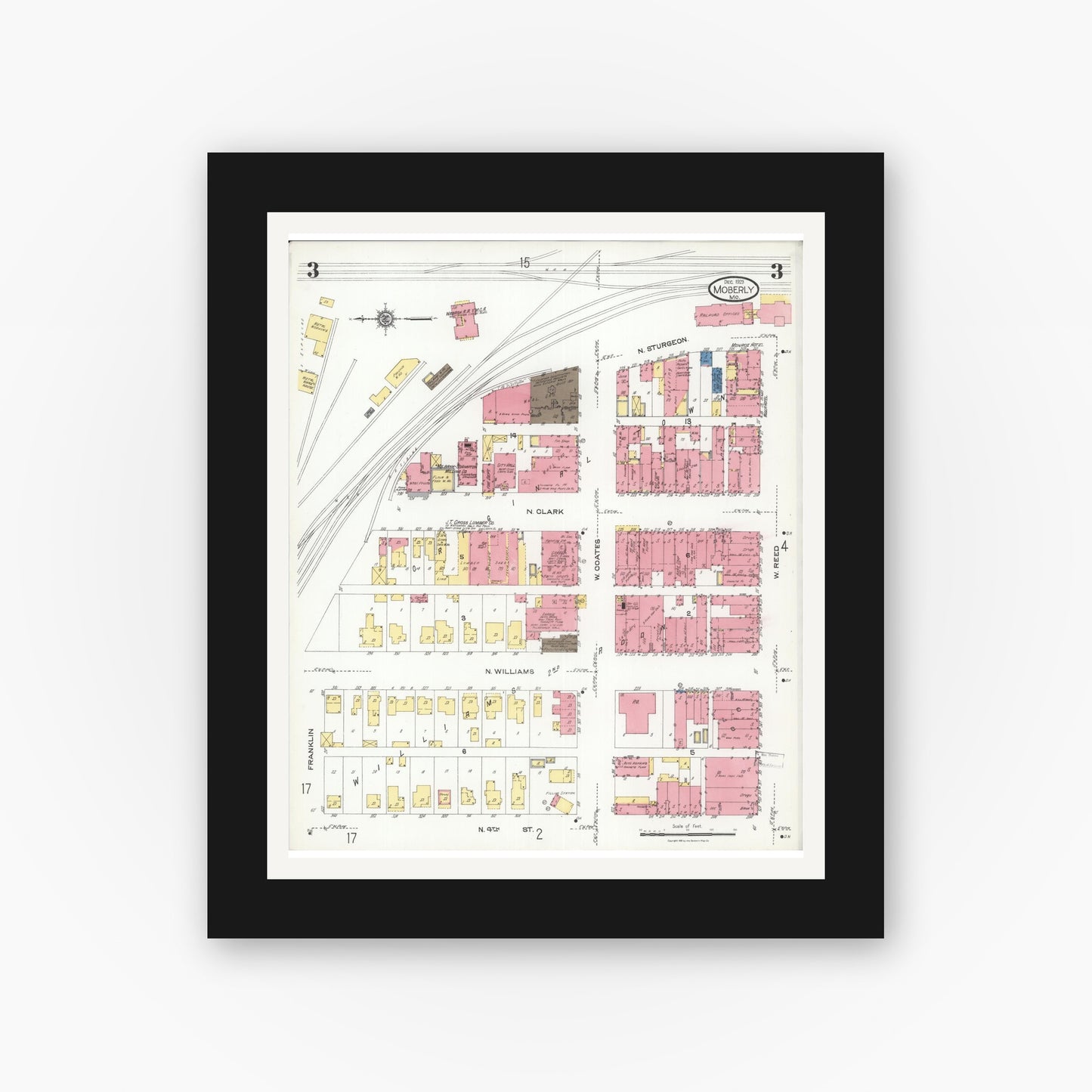Old map wall art mockup — black gallery frame with white mat — Sanborn Fire Insurance Map from Moberly, Randolph County, Missouri (1923), Sheet #0003