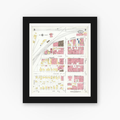 Old map wall art mockup — black gallery frame with white mat — Sanborn Fire Insurance Map from Moberly, Randolph County, Missouri (1923), Sheet #0003