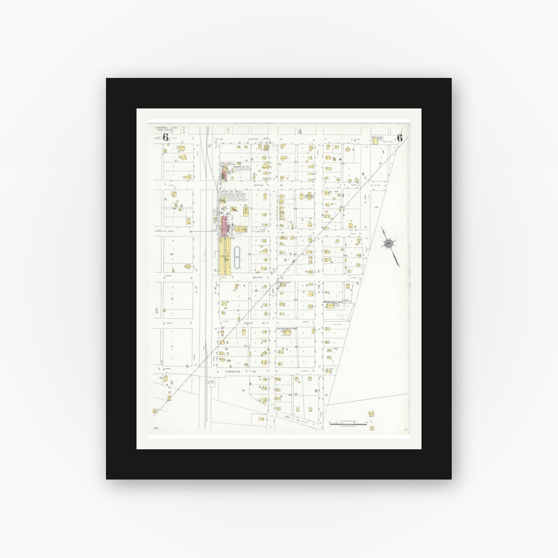 Old map wall art mockup — black gallery frame with white mat — Sanborn Fire Insurance Map from Hubbard, Hill County, Texas (1935), Sheet #0006