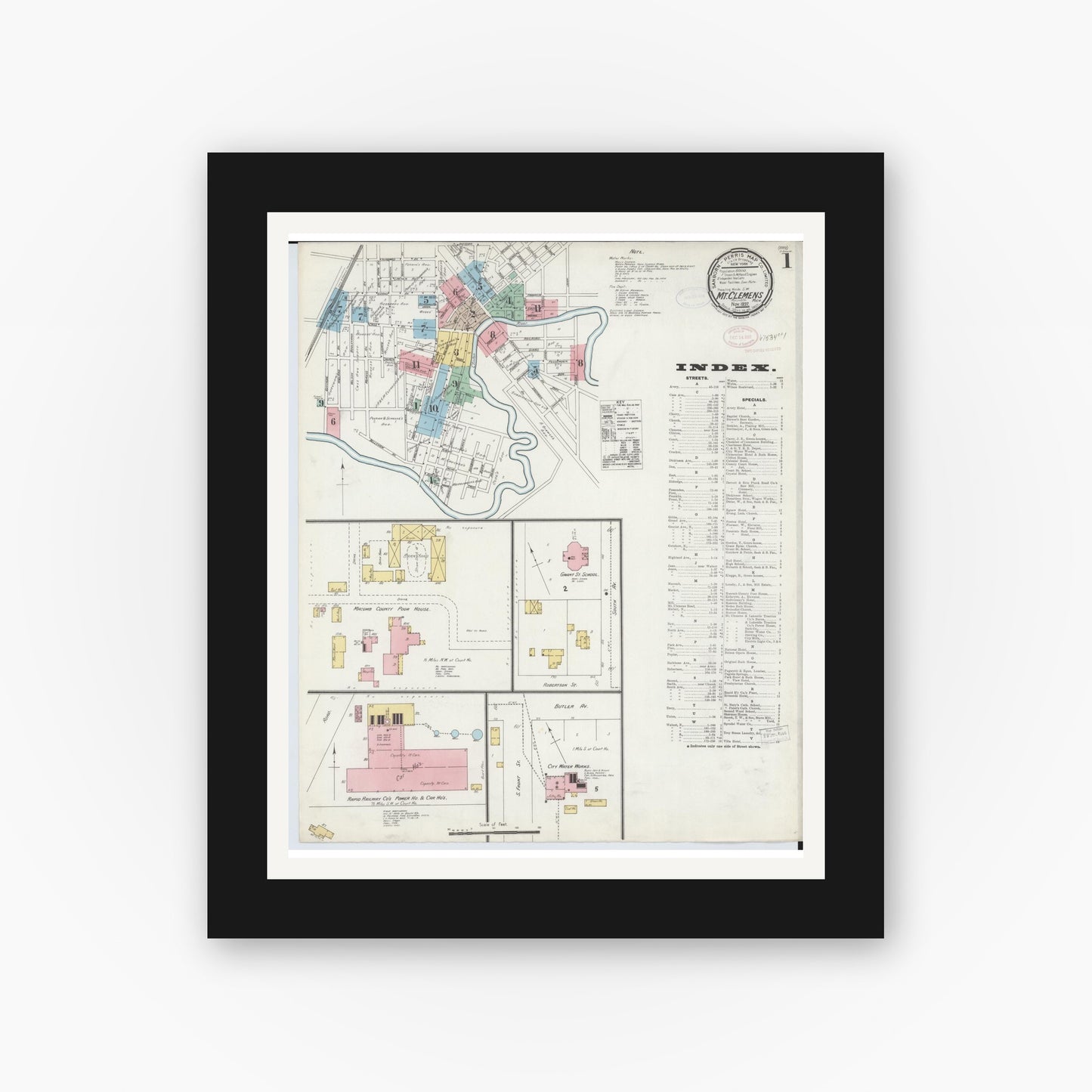 Old map wall art mockup — black gallery frame with white mat — Sanborn Fire Insurance Map from Mount Clemens, Macomb County, Michigan (1897), Sheet #0001