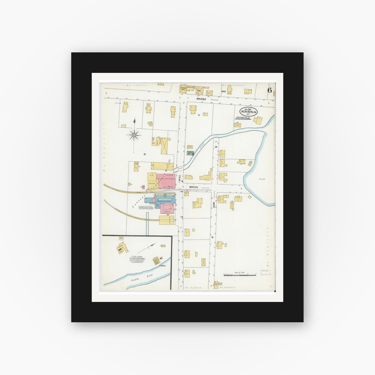 Old map wall art mockup — black gallery frame with white mat — Sanborn Fire Insurance Map from New Berlin, Chenango County, New York (1905), Sheet #0006