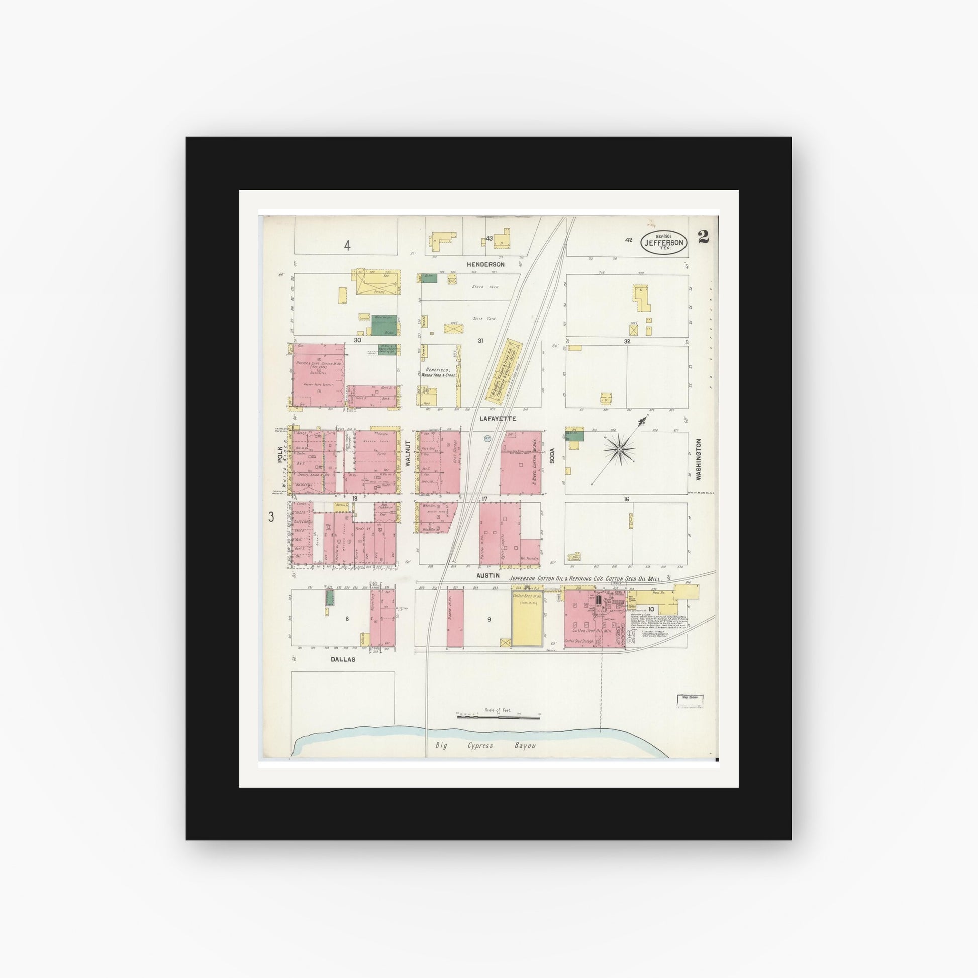 Old map wall art mockup — black gallery frame with white mat — Sanborn Fire Insurance Map from Jefferson, Marion County, Texas (1901), Sheet #0002