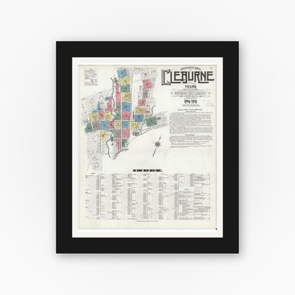 Old map wall art mockup — black gallery frame with white mat — Sanborn Fire Insurance Map from Cleburne, Johnson County, Texas (1910) - Complete Map Set