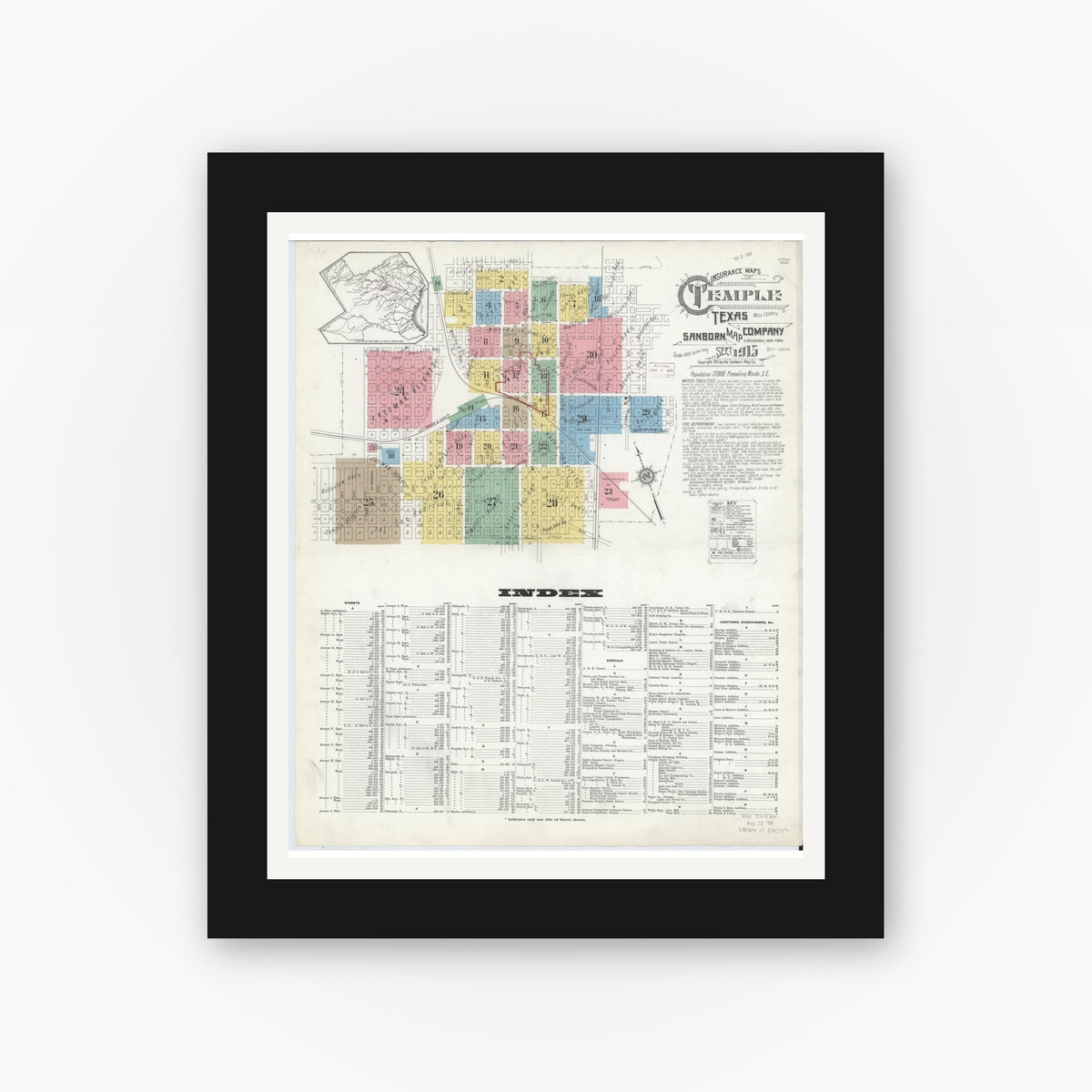 Old map wall art mockup — black gallery frame with white mat — Sanborn Fire Insurance Map from Temple, Bell County, Texas (1915), Sheet #0001