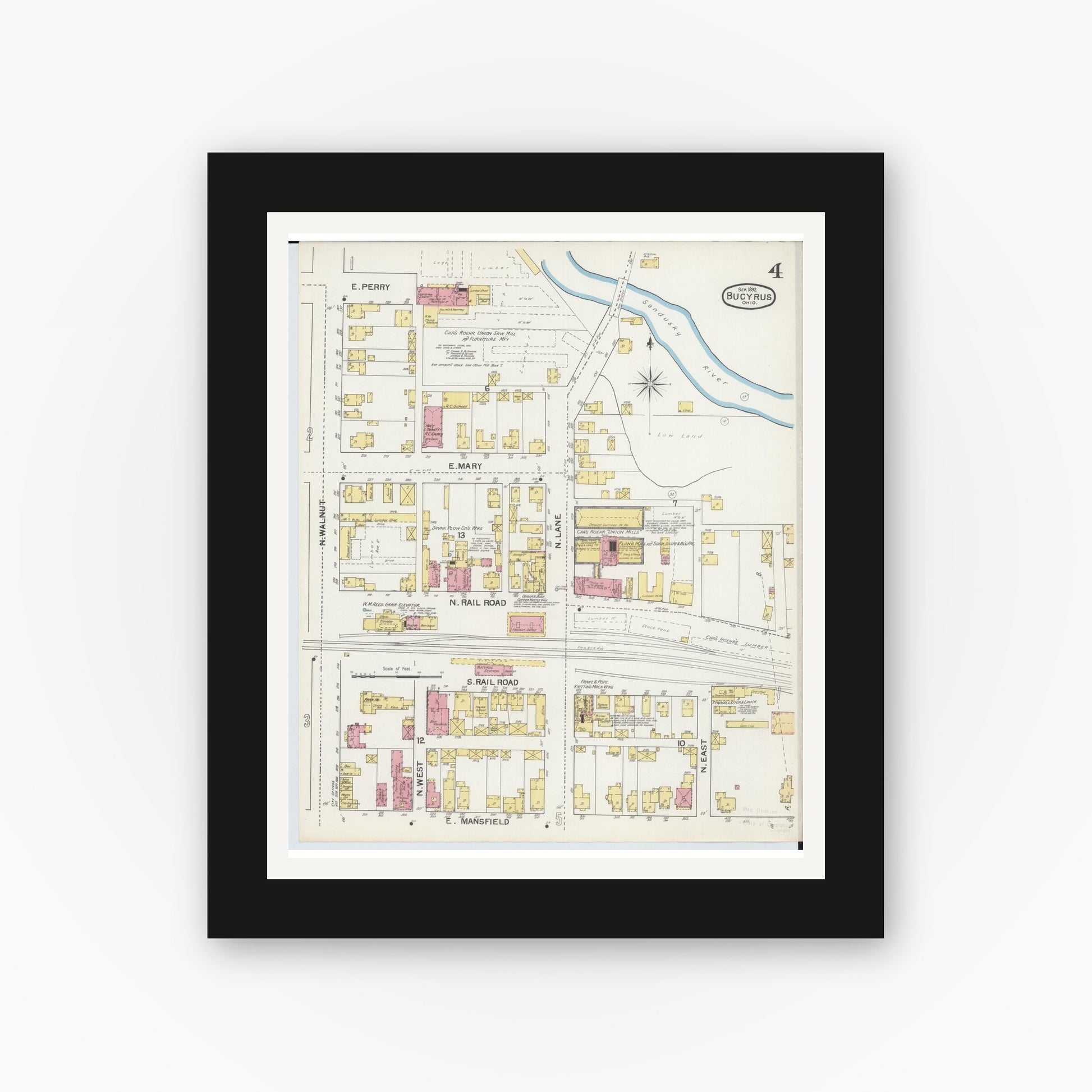 Old map wall art mockup — black gallery frame with white mat — Sanborn Fire Insurance Map from Bucyrus, Crawford County, Ohio (1892), Sheet #0004