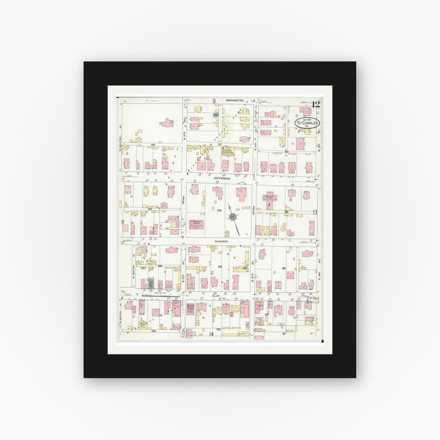 Old map wall art mockup — black gallery frame with white mat — Sanborn Fire Insurance Map from Saint Charles, Saint Charles County, Missouri (1909), Sheet #0012